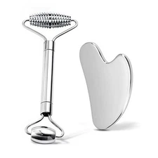 Gua Sha & Face Roller, Stainless Steel Gua Sha Facial Tools for Face, Silver