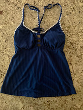 Women  s 2-Piece Ribbed Tankini Top  Floral Bikini Bottoms, Blue/White, M/L