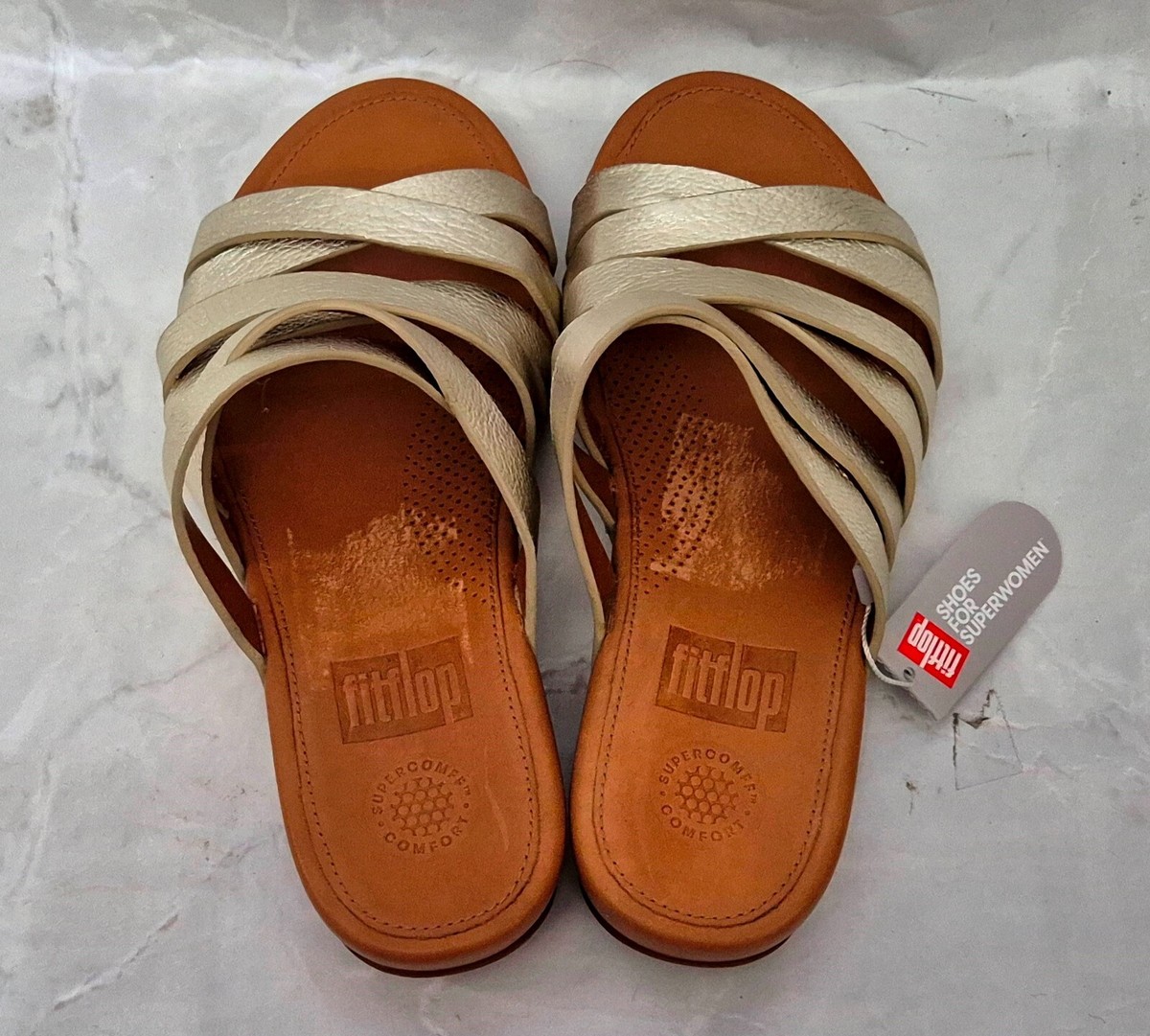 FITFLOP Ladies Lumy Gold Leather Flat Strappy Slip On Sliders UK 4 EU 37 |  eBay UK