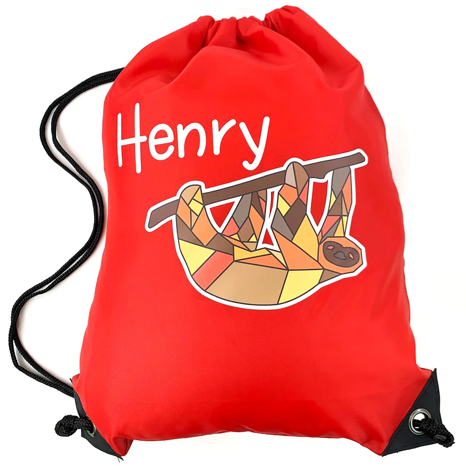 Personalised Geometric Sloth Drawstring Red PE Bag Kids Swimming Gym Kit School