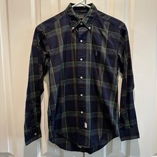 Vintage Polo Ralph Lauren Boys Size 16 Oxford Shirt Navy Blue Green Plaid Logo