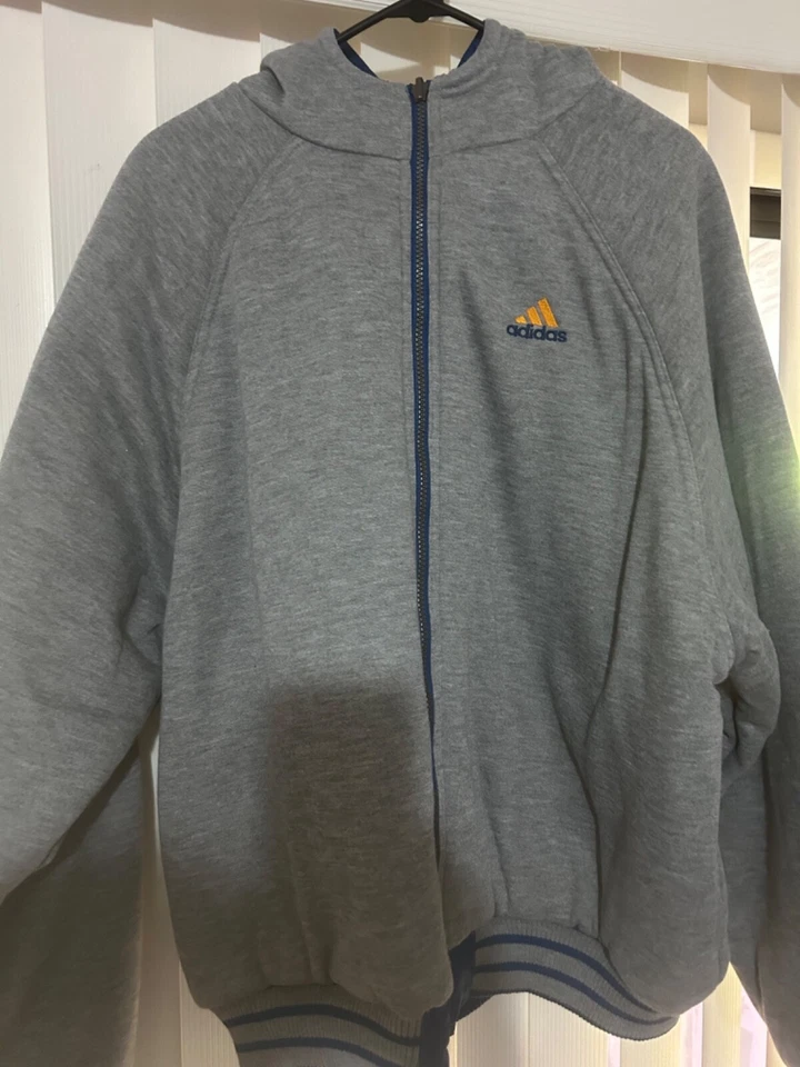 Chaqueta de nailon vintage Adidas reversible para hombre grande cremallera completa 3 rayas azul amarillo Foto 4 de 4