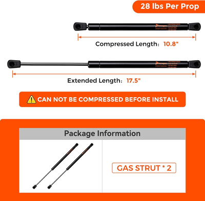Set Of 2 Gas Spring Struts - 17.1" Extended, 10.8" Compressed, 60 LB Pressure - 10mm Ball Socket