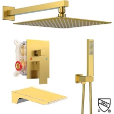 Brushed Gold Shower Faucet Set System Rain Head Combo Kit Tub Filler Mixer Valve