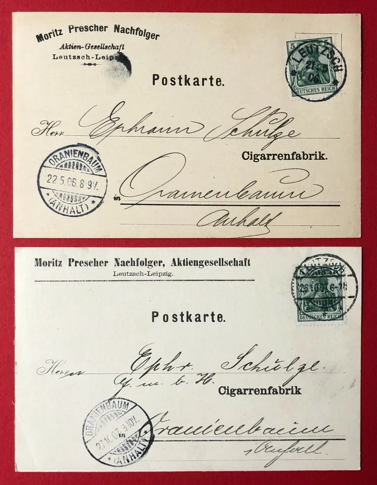 2 x Reklame AK LEUTZSCH bei Leipzig 1906/07 Moritz Prescher Nachfolger  ( 102657 - Bild 1 von 2