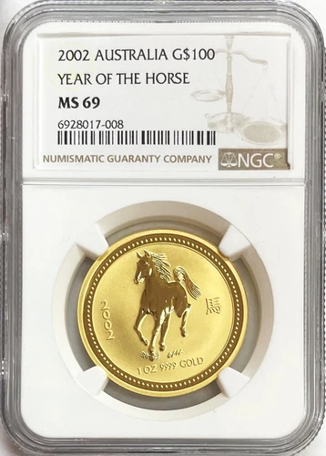 2002 GOLD AUSTRALIA $100 LUNAR YEAR OF THE HORSE COIN NGC MINT STATE 69