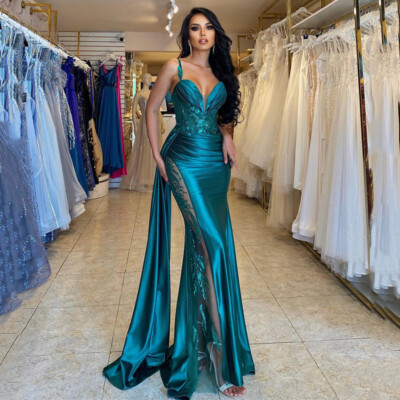 royal blue and peach bridesmaid dresses Custom Ruched Neck Spaghetti Strap Mermaid Wedding Dress