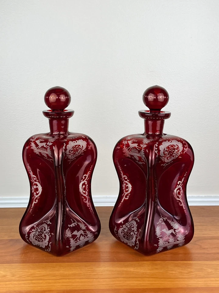 Pair (2) Bohemian RUBY CUT TO CLEAR Hand-Blown Pinch 10 ¼” Decanters - Image 3 of 4