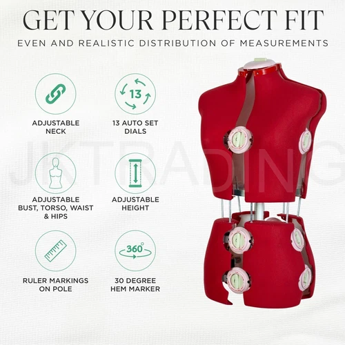 JKCrafts 8 Parts 12Dial RED Fabric-Backed Small size 8-14 Adjustable Dress Form - Picture 6 of 9