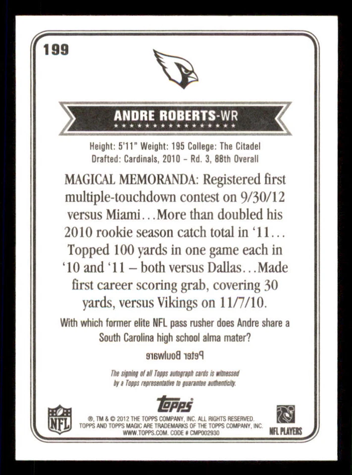 2012 Topps Magic AUTO #199 Andre Roberts - Image 2 of 2