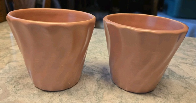 Vintage Pair Bauer Pottery Los Angeles Flower Pot #3 Pink Swirl Planters 3 1/4"