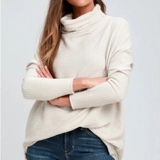 We The Free - Tunic Sweater Womens Small Beige Waffle Knit Oversize Cowl Neck