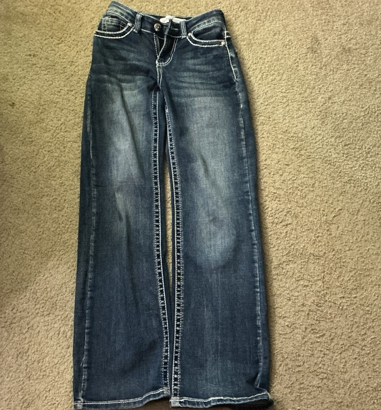 TELEPATIA Women's Dark Blue Y2K Bootcut Denim Jeans Size 4 Embroidered Pockets