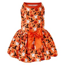 Dog Halloween Costumes Pumpkin Dress with Bow for Small Orange