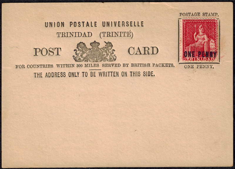 Trinidad 1880 SG 101 1d Rose Carmine w/ ONE PENNY OVPT on Postcard Unused GEM