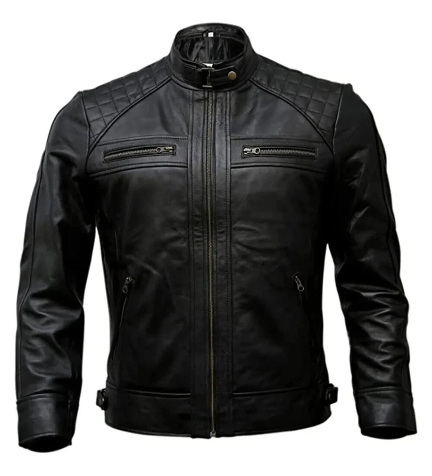 Men's Black Cowhide Leather Cafe Racer Moto Jacket