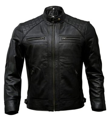 Men's Black Cowhide Leather Cafe Racer Moto Jacket