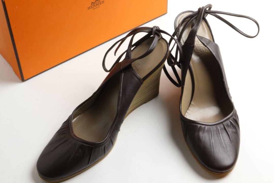 APL Hermes Sandali Donna Zeppa Suola Pelle EU 38 Nero dal Giappone 89988K Authen