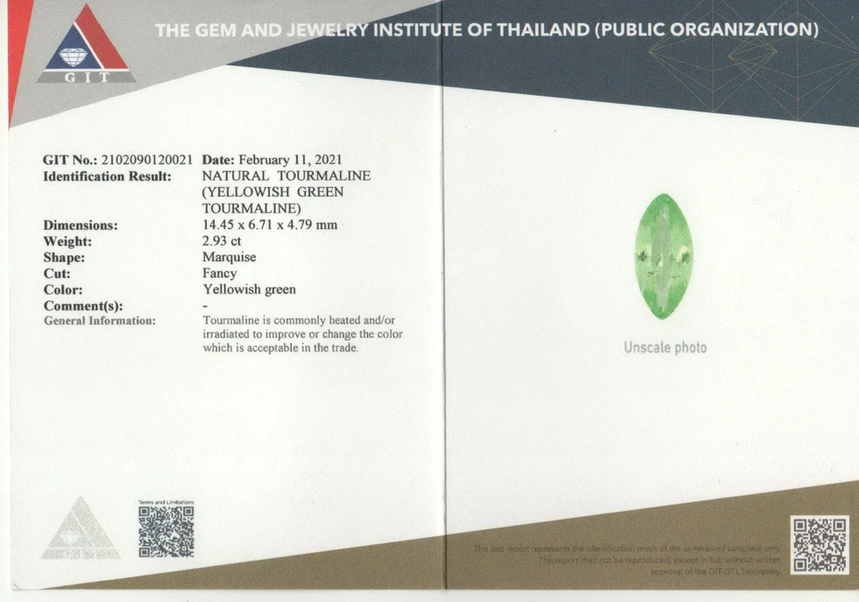 2.93Ct "GIT" CERTIFIED ! NATURAL YELLOWISH GREEN TOURMALINE FROM MOZAMBIQUE - Image 3 of 4