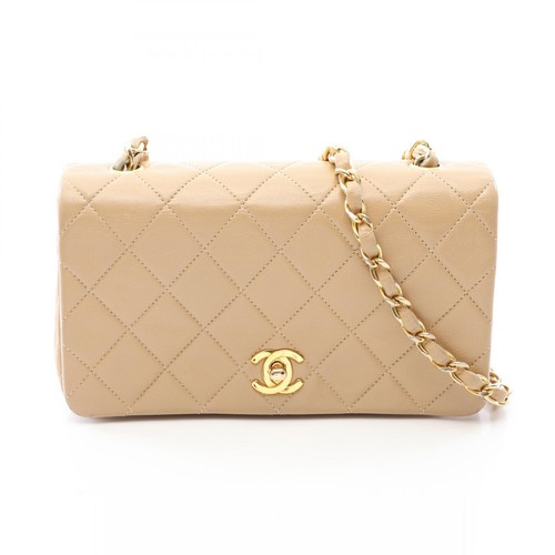 CHANEL Mini Matelasse Full Flap Chain Shoulder Bag Lamb leather Beige Used GHW