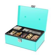 Cash Box with Money Tray and Lock - Blue Cash Storage with Latch Lock  Key