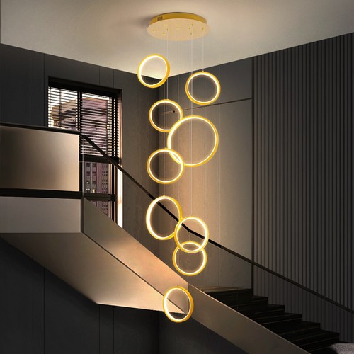 Stair Chandelier Lighting Gold Pendant Light Shop Ceiling Lamp 9 Rings Dimmable - Picture 4 of 10
