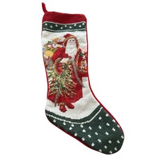 Vintage Wool Needlepoint Father Christmas Stocking Santa Velvet Needlework 18x6  