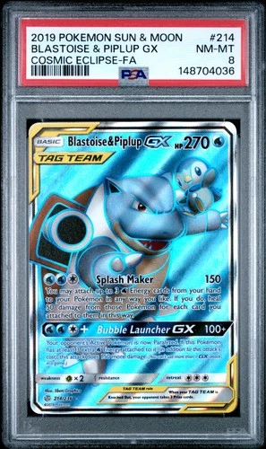 2019 POKEMON SUN & MOON COSMIC ECLIPSE #214 FULL ART/BLASTOISE & PIPLUP GX PSA 8