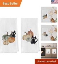 Stylish Set of 2 Fall Pumpkin and Black Cat Kitchen Towels - 16x24 Waffle Weave