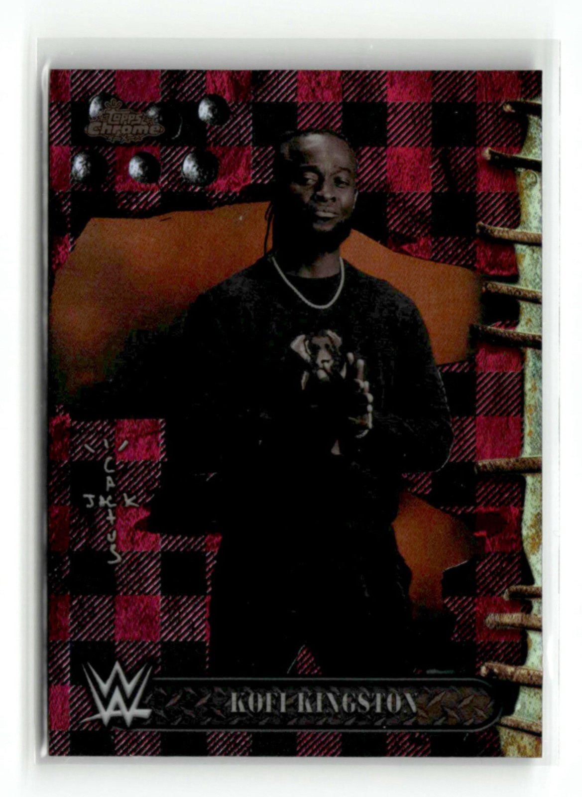 Kofi Kingston 2025 Topps Chrome WWE X Cactus Jack Red Black Refractor