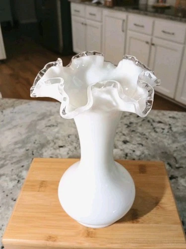 Vtg Fenton White Silver Crest Clear Crimped  Ruffled Edge Vase. 8"