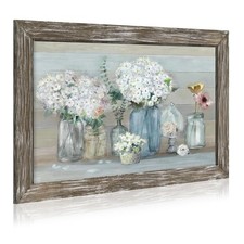 Framed White Flower Wall Art: Wooden Floral Print Painting Rustic Botanical V...