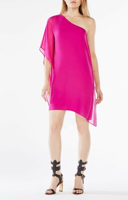 NWT BCBG MAXAZRIA ALANA ONE-SHOULDER SILK hot pink MAGENTA