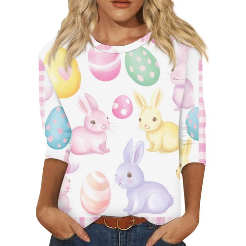 Women's Casual Printed 3/4 Sleeve Basic Plus Size Fashion Easter Tops Pullover - Picture 2 of 30