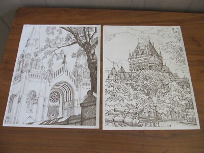 2 Antique European Prints of Churches 9.5'' x  12'' Pen and Ink Drawings