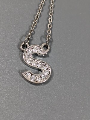 Initial Letter S Rhinestone Small Charm Silver Tone Necklace 20 in