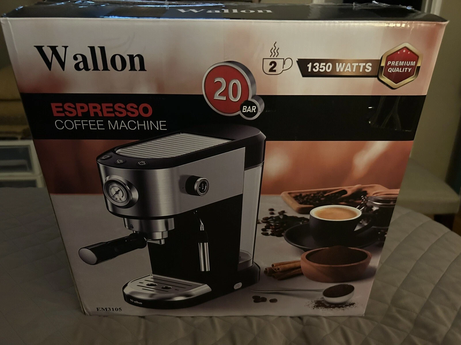 Wallon EM3105 Black Stainless Steel 20 Bar Espresso Coffee Maker, New In Box