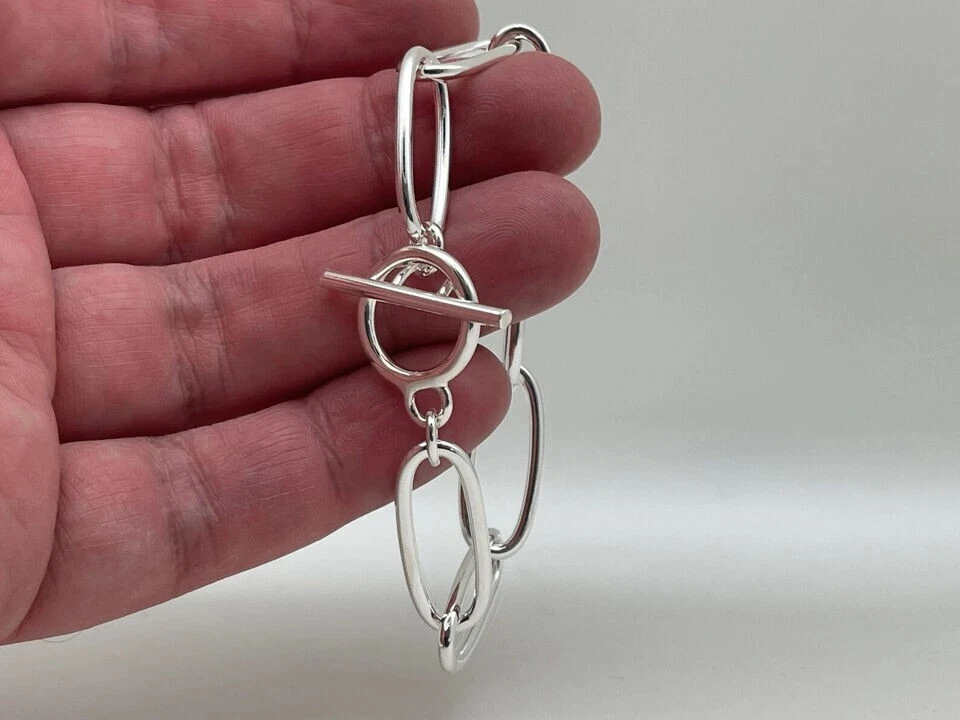 Paper Clip Oval Linked 925 Silver Handmade Bracelet Toggle Link Bracelet 7.5inch - Image 2 of 4