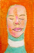 Blissful Woman Portrait Painting 4x6 Naive Original Art Orange Green