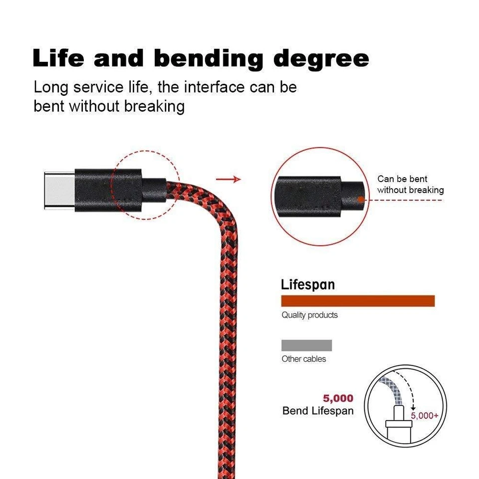Cable cargador teléfono datos USB C tipo C trenzado fuerte carga rápida cable 1M 2M 3M Foto 2 de 4