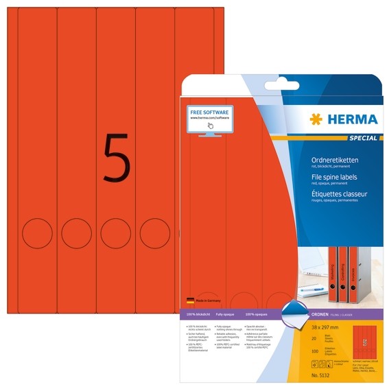Herma 5132 Ordneretiketten A4 38X297 Mm Rot Papier Matt Blickdicht 100 St.-image