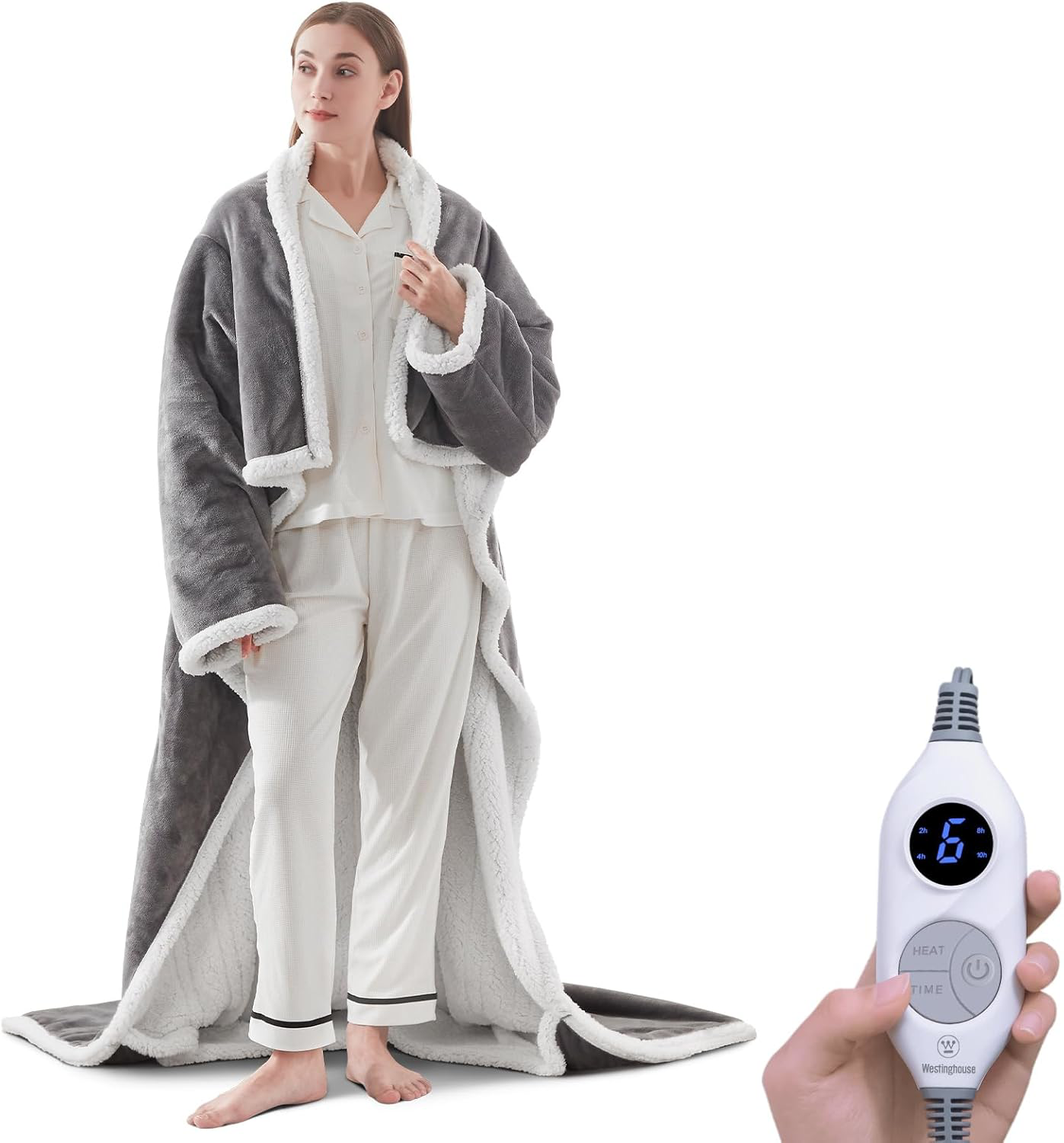 Cozy 50x70 Light Grey Heated Blanket with Foot Pocket & 6 Heat Settings  