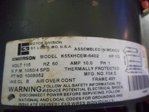 EMERSON K55XHCEM-6402 Blower Motor 1/2HP 1050RPM 4SPD 1PH 115V 1009052 CCWLE
