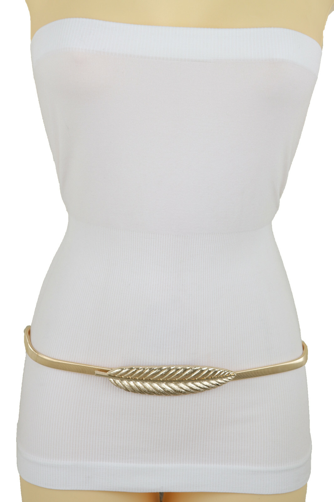 Mujer Metal Dorado Elástico Estrecho Banda Cinturón Hip Cintura Hoja Natural