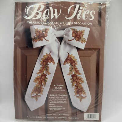 Vtg JCA Bow Ties Cross Stitch Unique Door Decoration Autumn Leaves Fall #08107