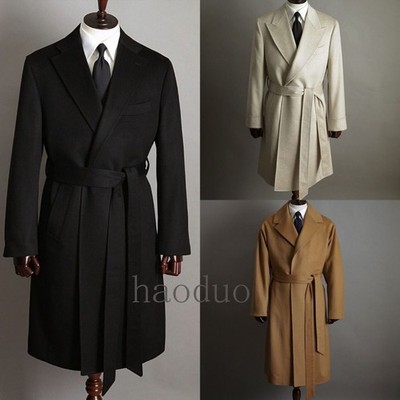 Lange Herrenmäntel Tweed Sakko mit Gürtel Mäntel formell spitzes Revers Wollmischung