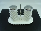 Vintage UNMARKED  Fenton Hobnail Salt & Pepper Shakers & Caddy Milk Glass