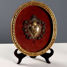 Sacro Cuore Antico Argento Ex Voto Vetro Italia XX Secolo Originale