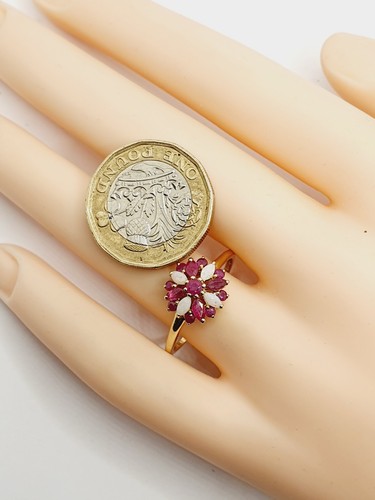 QVC Beautiful 9ct Ruby Opal Marquise Cluster Flower Yellow Gold 375 Ring Size V - Picture 21 of 24
