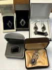 Art Deco Sterling Silver Onyx & Marcasite Brooch Ring And Earrings Lot All 925